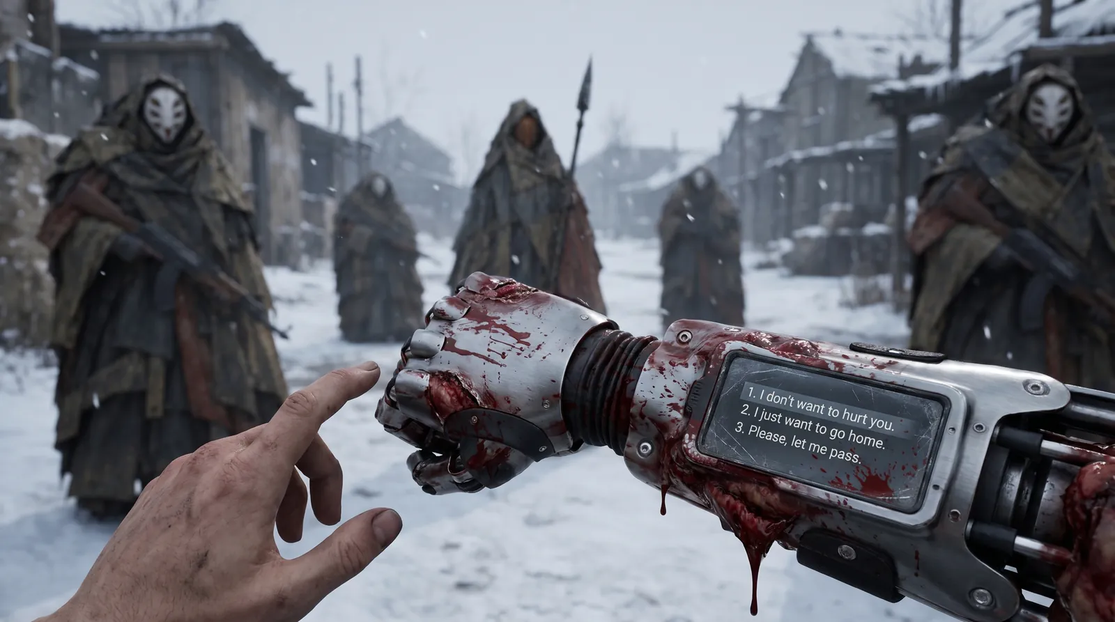 Concept art: a blood-soaked steel right arm with three peaceful replies on its screen, the left hand reaching for them; masked armed people stand in the snow behind