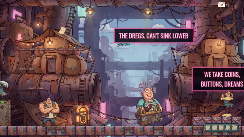 THE DREGS bar on the Neon Bazaar: Auntie Fuse behind the counter, the Bouncer by the jukebox
